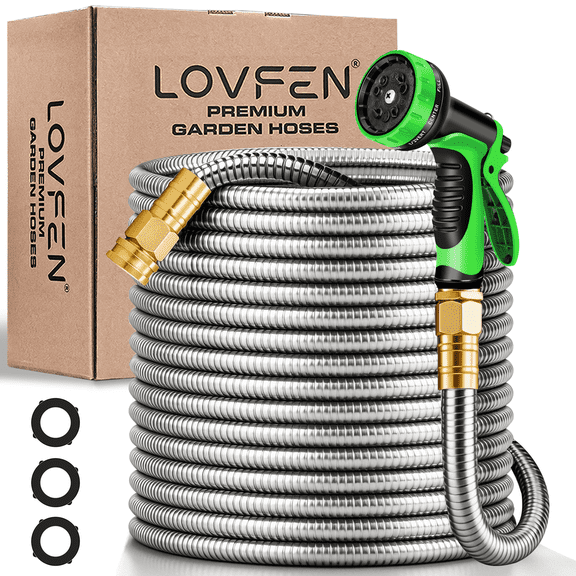 LOVFEN 50FT Stainless Steel Metal Garden Hose Kit, Heavy Duty Water Hose, No-Kink, Tough & Flexible, Sturdy Lightweight and Rust Proof, Ideal for Yard, Outdoor, RV Use,