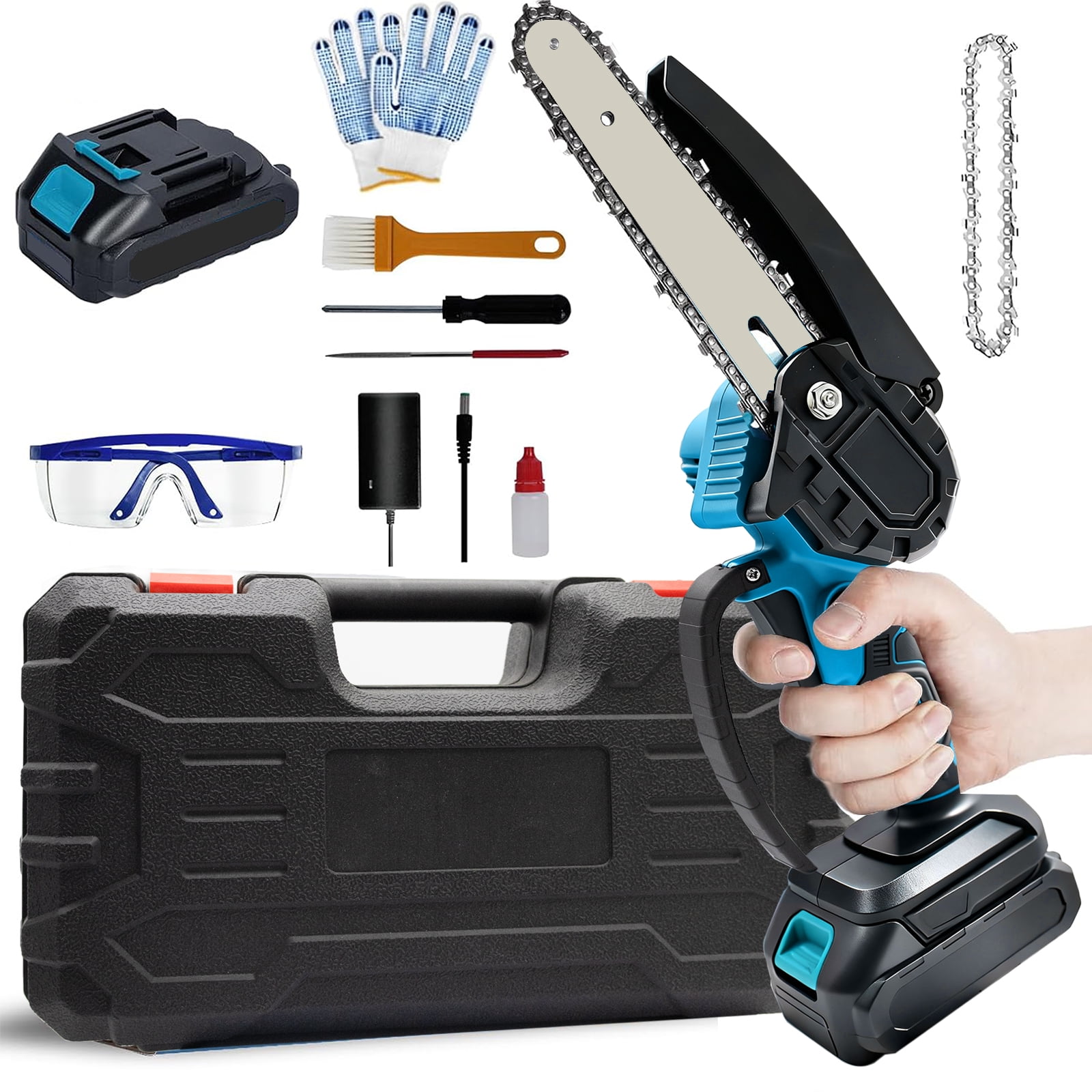 LOVFEN  Mini Chainsaw Cordless 6 inch with 2 Battery, Mini Power Chain Saw with Security Lock, Electric Chainsaw, Handheld Small Chainsaw for Tree Trimming Wood Cutting, Orange