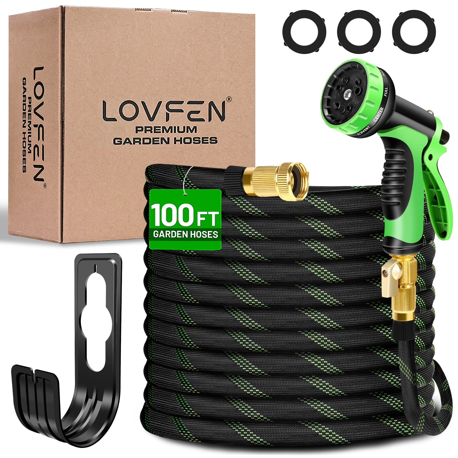 LOVFEN Non-Expanding Garden Hose 100ft,flexible, lightweight hose is resistant to kinks and tangles.With 10-way nozzle, strong 3/4” metal fittings, and a shut-off valve