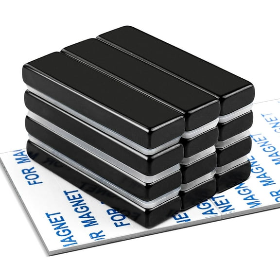 LOVIMAG 12 Pack Bar Magnets, Rare Earth Magnets Heavy Duty Neodymium Magnet with Double-Sided Adhesive for Fridge Kitchen DIY Craft and Office Science, 40x10x5mm(Black)