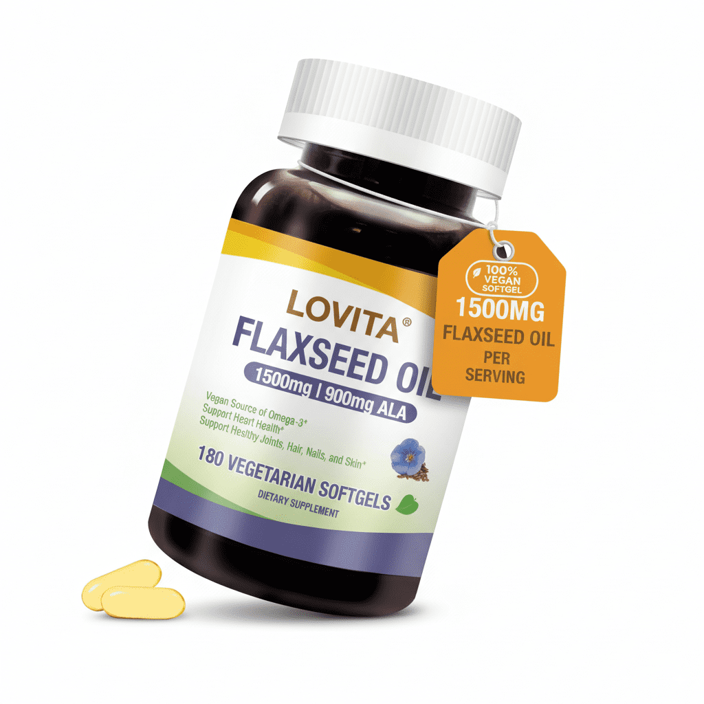LOVITA 100% Vegan Cold-Pressed Flaxseed Oil: 1500mg with 900mg ALA Omega-3 per Serving. Organic. 180 Softgels.