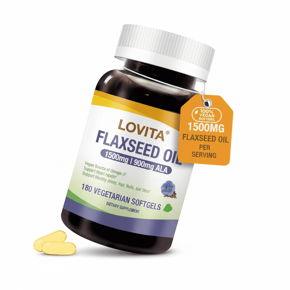 LOVITA 100% Vegan Cold-Pressed Flaxseed Oil: 1500mg with 900mg ALA Omega-3 per Serving. Organic. 180 Softgels.