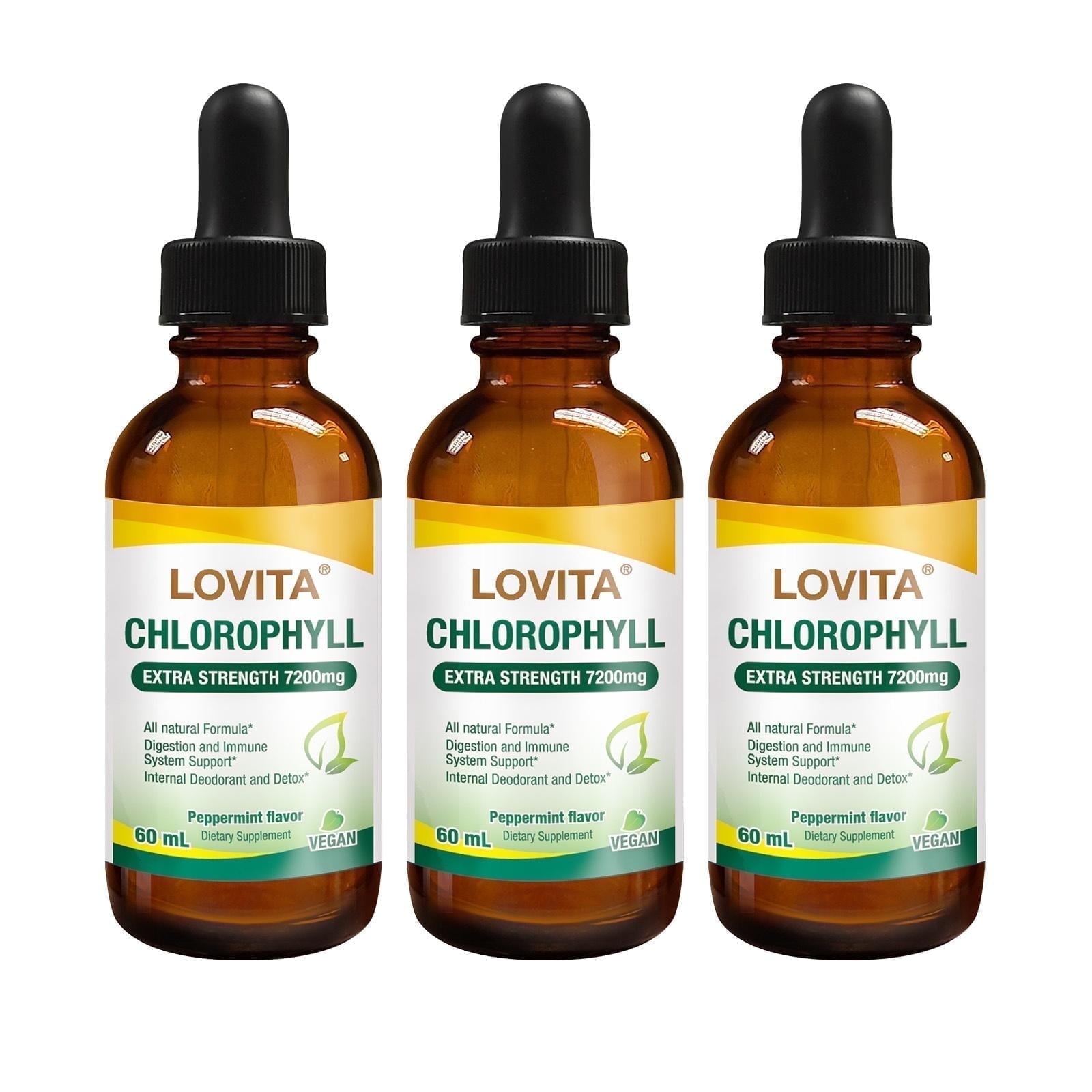 LOVITA Chlorophyll Liquid Drops 7200mg, High Concentration, Detoxifying, Skin & Immune Health, 2 fl oz (Pack of 3)