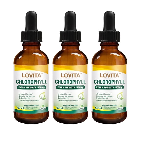 LOVITA Chlorophyll Liquid Drops 7200mg, High Concentration, Detoxifying, Skin & Immune Health, 2 fl oz (Pack of 3)