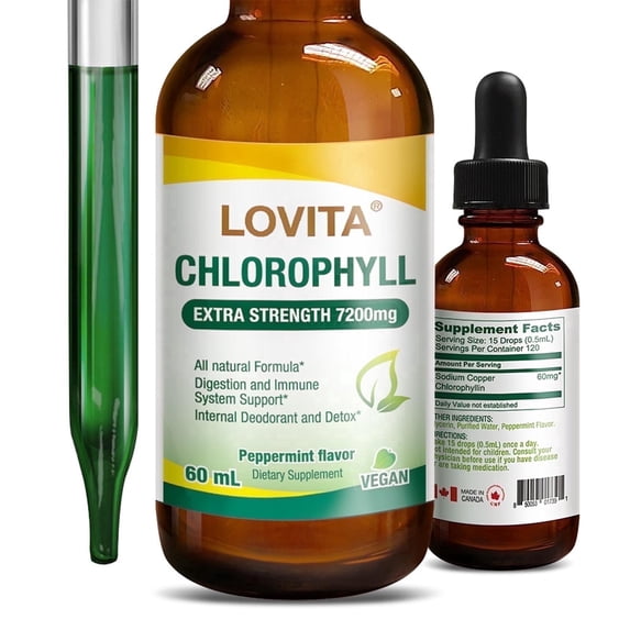 LOVITA Chlorophyll Liquid Drops 7200mg, High Concentration, Detoxifying, Skin & Immune Health, 2 fl oz