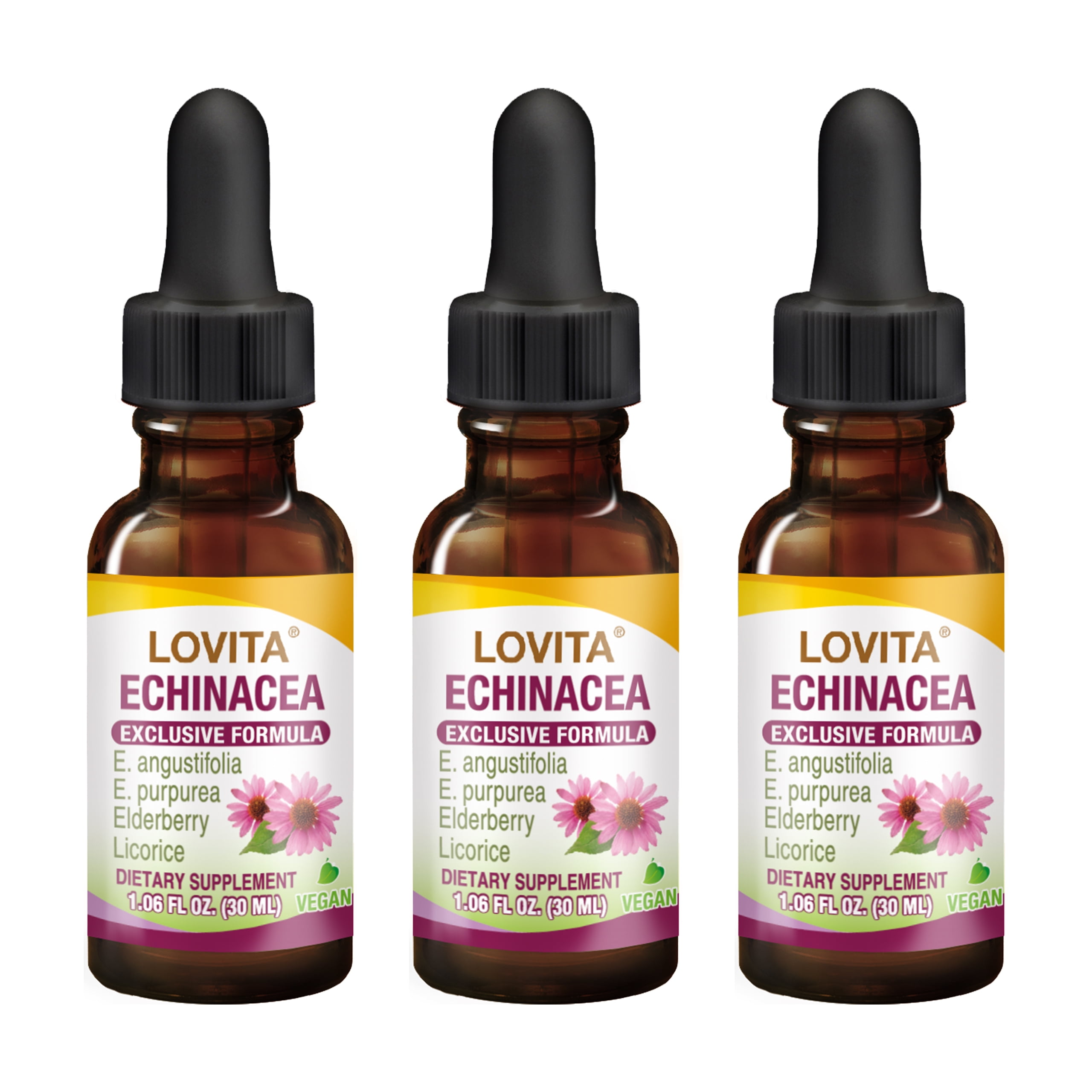 LOVITA Echinacea Liquid with Elderberry & Licorice | Supports Immune Health | 1 FL OZ | 350mg per Serving | Vegan & Alcohol-Free (Pack of 3)