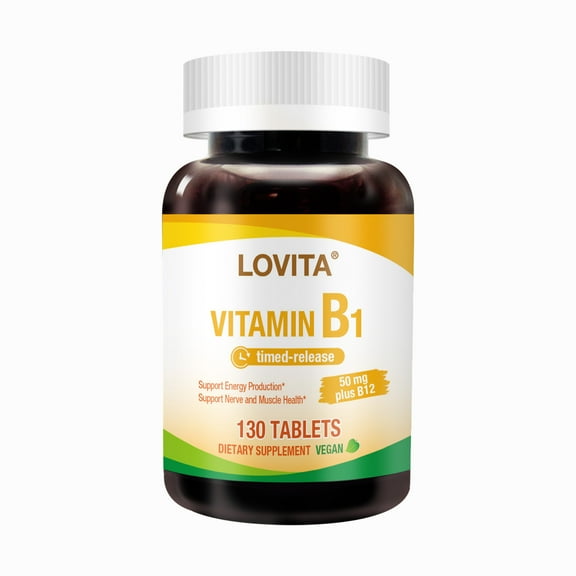LOVITA Vitamin B1 (Thiamine) 50mg, Timed Release, 8 Hours Sustained, with Vitamin B12 100mcg, Support Metabolism & Nerve Health, 130 Vegan Tablet