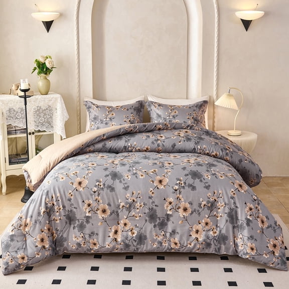 Floral Comforter Set Gray and Khaki Queen Size, Soft Microfiber All-Season 3-Piece for Adults & Teens