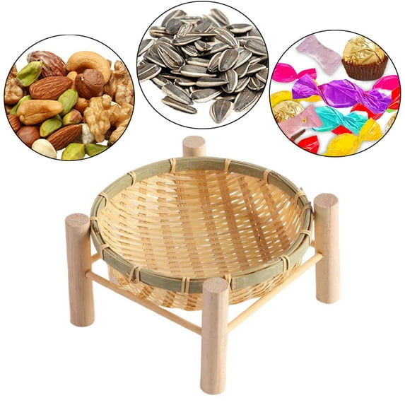 LOVIVER Bamboo Basket Tray Bread Basket Round with Stand Sundries Holder Vegetable Storage Basket Woven Fruit Basket for Home Kitchen 18cm