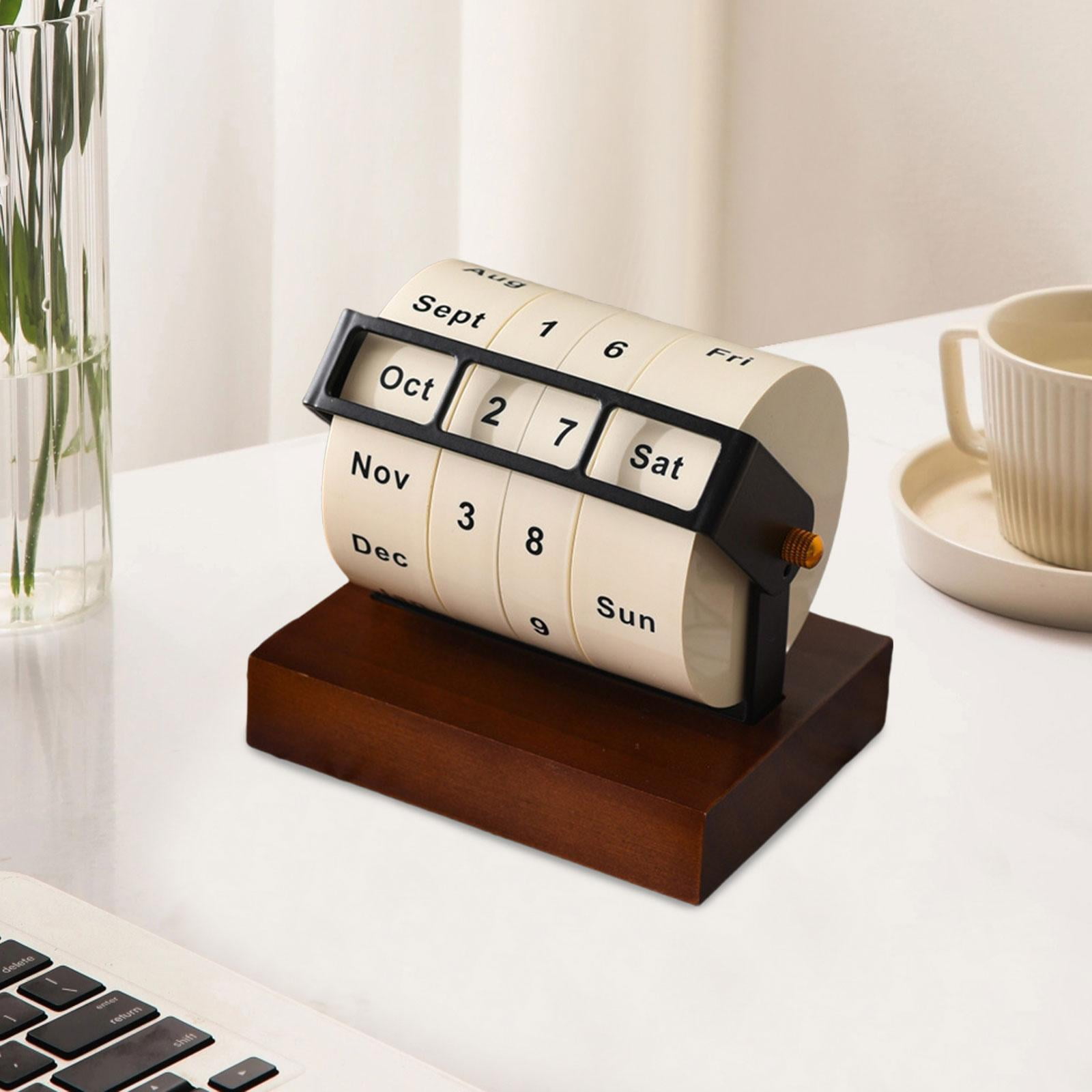 LOVIVER Desktop Calendar,Month Week Day Date Display,2025 Reusable Practical Stable Home Decor,Wooden Rotary Calendar for Shop School
