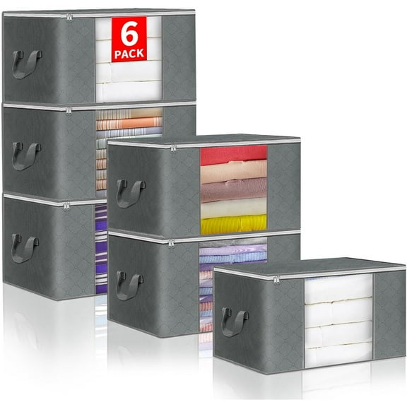 LOVJOYSE 6 Pack Clothes Storage, Foldable Blanket Storage Bags, Storage Containers for Organizing Bedroom, Closet, Clothing, Comforter and Toys, Organization and Storage with Lids and Handle (Grey)