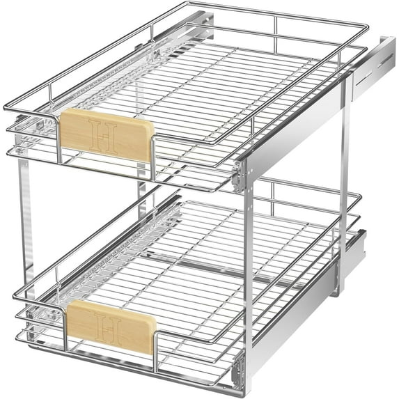 LOVMOR 2 Tier Pull Out Cabinet Organizer 16½" W x 21½" D, Slide Out Drawers with Wooden Handle, Sliding Shelves Organization and Storage for Kitchen, Pantry