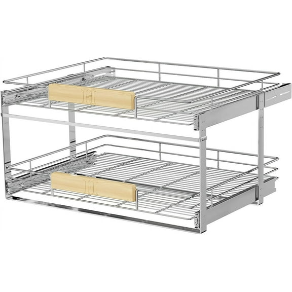 LOVMOR 2 Tier Pull Out Cabinet Organizer 25½" W x 21½" D, Slide Out Drawers with Wooden Handle, Sliding Shelves Organization and Storage for Kitchen, Pantry