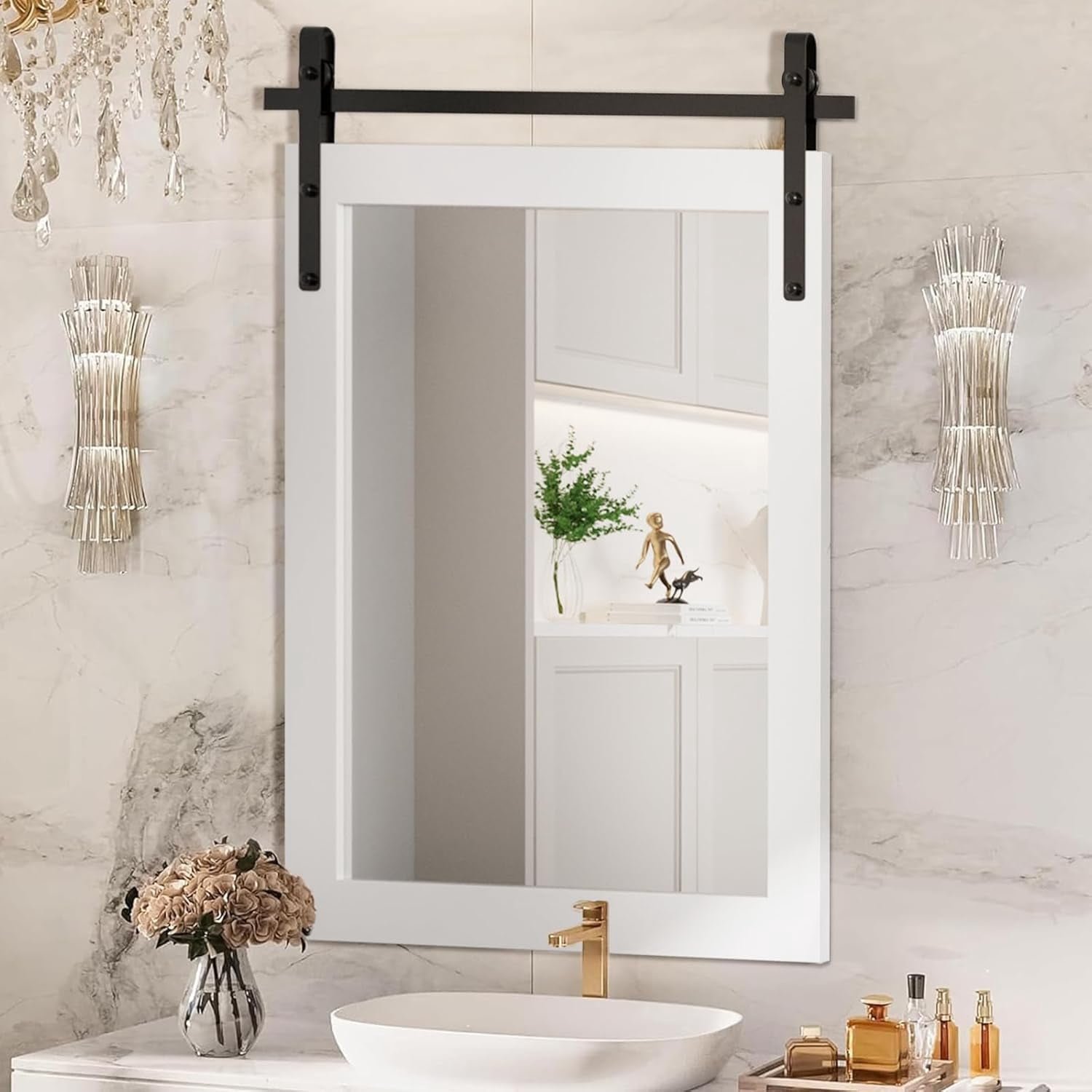 LOVMOR Farmhouse Barn Door Mirror, 24"x36" White Rustic Bathroom Mirror ...
