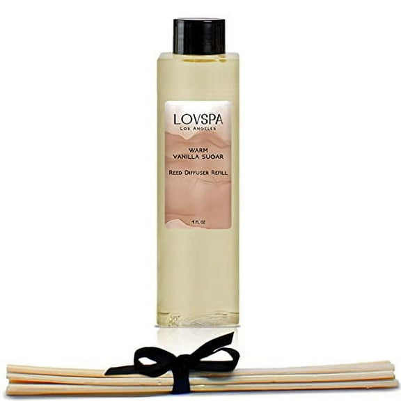LOVSPA Warm Vanilla Sugar Reed Diffuser Refill Oil with Replacement Reed Sticks | Coconut Milk, Jasmine Petals, Caramelized Vanilla Sugar & Sandalwood, 4 oz - Made in The USA