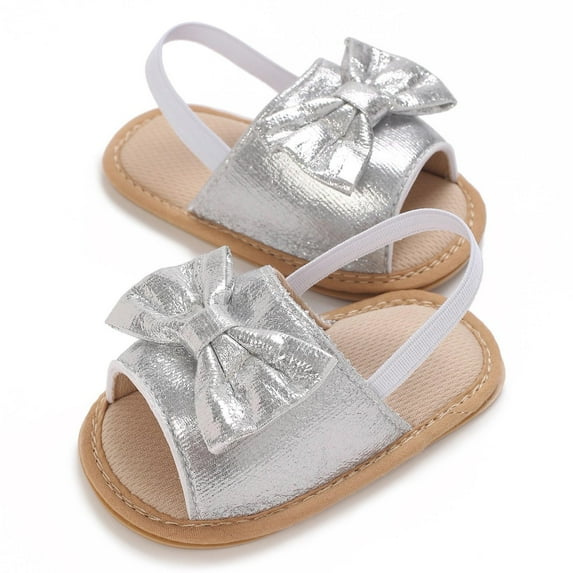LOVZFMLL Baby Infant Girls Sandals with Bowknot Summer Beach Non-Slip Princess Dress Shoes Slip On Outdoor First Walkers Flat Shoes Silver 6-9 Months