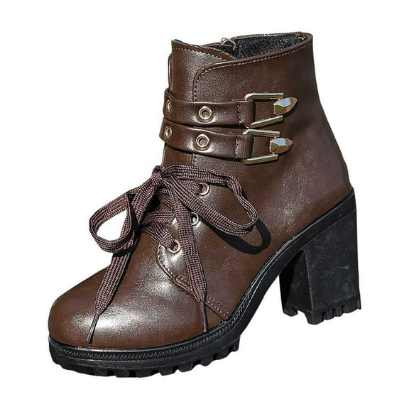 LOVZFMLL Boots for Women Ankle Booties Lace Up Round Toe Adjustable Straps Mid Block Heel Leather Fall Winter Fashion Shoes