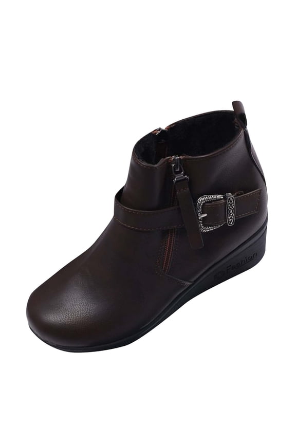 Boots for Women Ankle Booties Side Zipper Round Toe Slip Resistant Low Wedge Heel Dual Buckle Leather Fall Winter Fashion