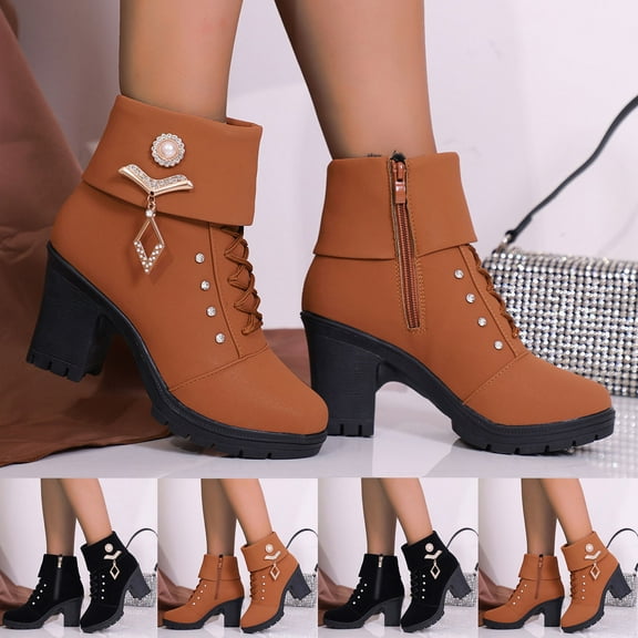 LOVZFMLL Boots for Women Ankle Booties Side Zipper Round Toe Slip Resistant Mid Chunky Heel Comfort Casual Fall Winter Fashion Boots