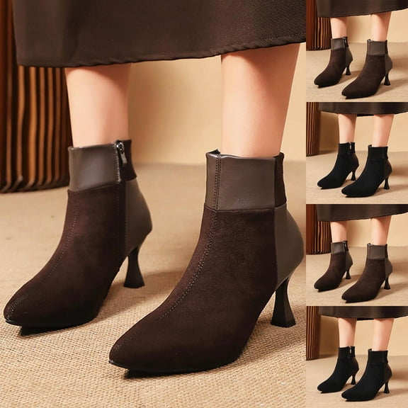 LOVZFMLL Boots for Women Ankle Chelsea Boots Side Zipper Pointy Toe Slip Resistant Mid Flare Heel Dress Fall Winter Boots