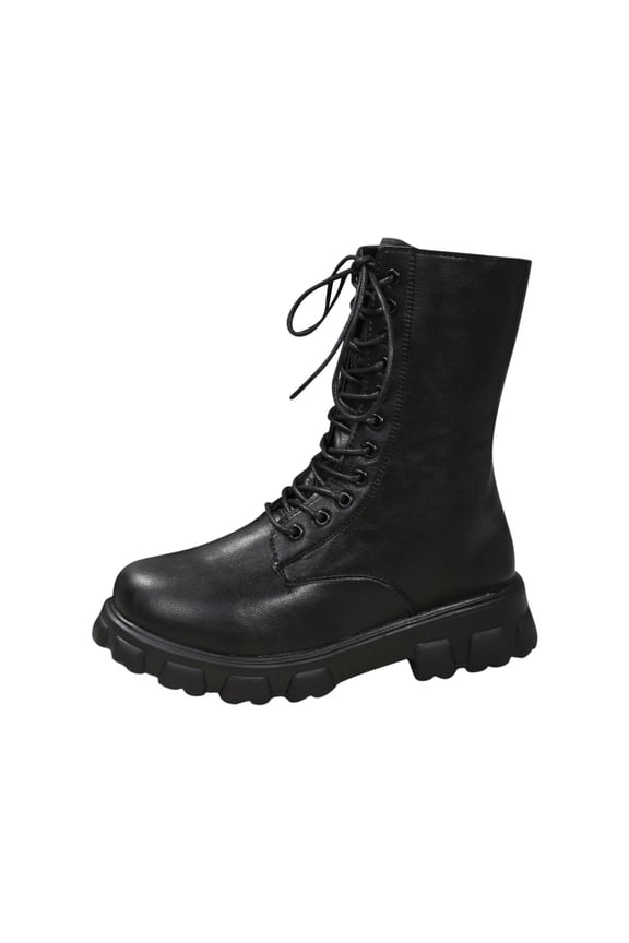 Boots for Women Ankle Combat Boots Lace Up Round Toe Adjustable Straps Low Chunky Heel British Style Fall Winter