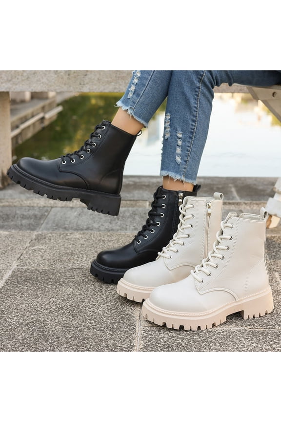Boots for Women Ankle Combat Boots Lace Up Round Toe Adjustable Straps Low Chunky Heel Classic Fall Winter Boots