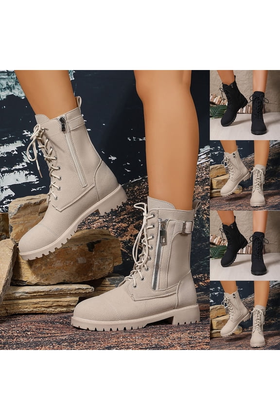 Boots for Women Ankle Combat Boots Lace Up Round Toe Adjustable Straps Low Chunky Heel Platform Fall Winter Boots