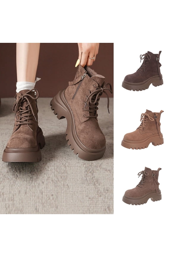 Boots for Women Ankle Combat Boots Lace Up Round Toe Adjustable Straps Low Chunky Heel Retro Fall Winter Fashion