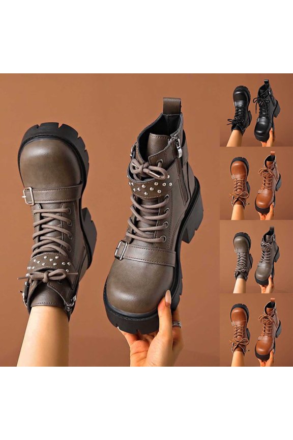 Boots for Women Ankle Combat Boots Lace Up Round Toe Adjustable Straps Mid Block Heel Motorcycle Fall Winter Shoes