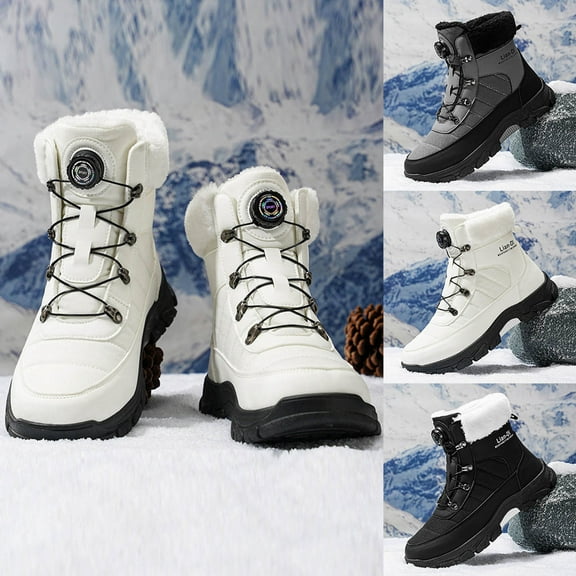 LOVZFMLL Boots for Women Ankle Snow Boots Lace Up Round Toe Adjustable Straps Low Chunky Heel Plush Lined Warm Winter Boots