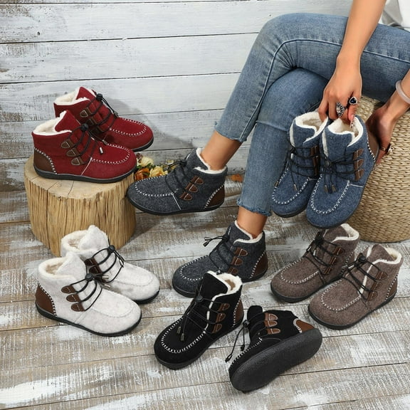 LOVZFMLL Boots for Women Ankle Winter Boots Lace Up Round Toe Adjustable Straps Flat Heel Plush Lined Fall Winter Boots