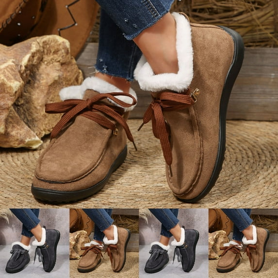 LOVZFMLL Boots for Women Ankle Winter Boots Round Toe Slip Resistant Flat Heel Plush Lined Casual Fall Winter Boots Shoes