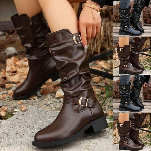 LOVZFMLL Boots for Women Mid Calf Chelsea Boots Buckle Round Toe Slip Resistant Low Block Heel Stacked Fall Winter Boots