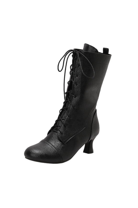 Boots for Women Mid Calf Chelsea Boots Lace Up Round Toe Adjustable Straps Mid Flare Heel Fashion Fall Winter Boots