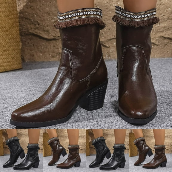 LOVZFMLL Boots for Women Mid Calf Chelsea Boots Pointy Toe Slip Resistant Low Block Heel Fringe Western Fall Fashion Shoes