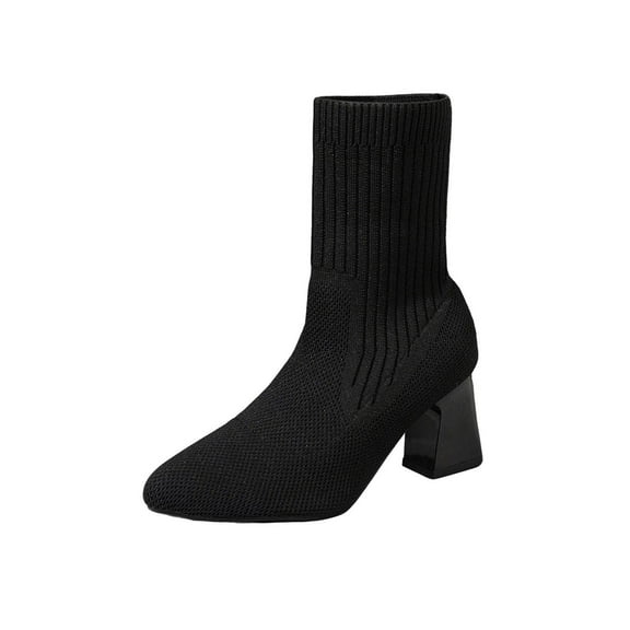 LOVZFMLL Boots for Women Mid Calf Chelsea Boots Pointy Toe Slip Resistant Mid Block Heel Knit Fall Winter Fashion Shoes