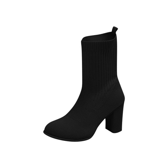 LOVZFMLL Boots for Women Mid Calf Chelsea Boots Pointy Toe Slip Resistant Mid Block Heel Knit Sock Boots Fall Winter Shoes