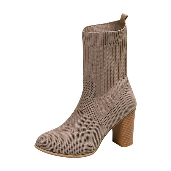 LOVZFMLL Boots for Women Mid Calf Chelsea Boots Pointy Toe Slip Resistant Mid Block Heel Knit Sock Boots Fall Winter Shoes