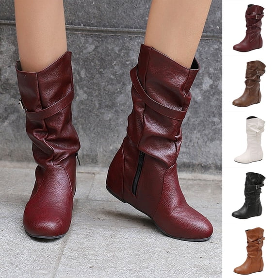 LOVZFMLL Boots for Women Mid Calf Chelsea Boots Round Toe Slip Resistant Flat Heel Height Increase Casual Fall Winter Shoes