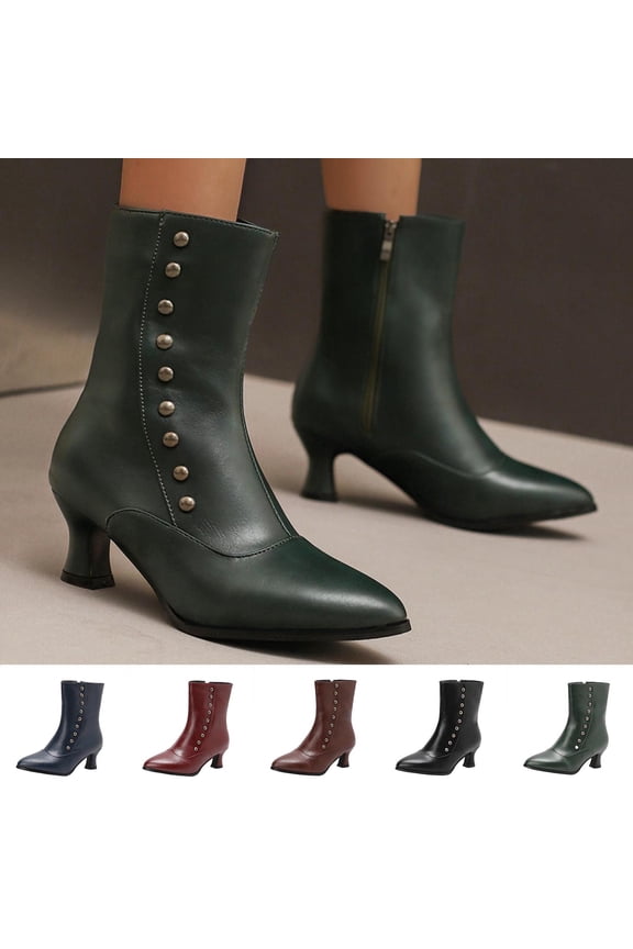 Boots for Women Mid Calf Chelsea Boots Side Zipper Pointy Toe Slip Resistant Mid Flare Heel Plush Lined Fall Winter Boots