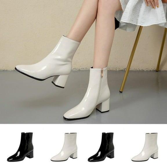 LOVZFMLL Boots for Women Mid Calf Chelsea Boots Side Zipper Round Toe Slip Resistant Mid Block Heel Leather Casual Fall Winter Boots