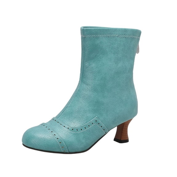 LOVZFMLL Boots for Women Mid Calf Chelsea Boots Side Zipper Round Toe Slip Resistant Mid Flare Heel Leather Fall Winter Fashion