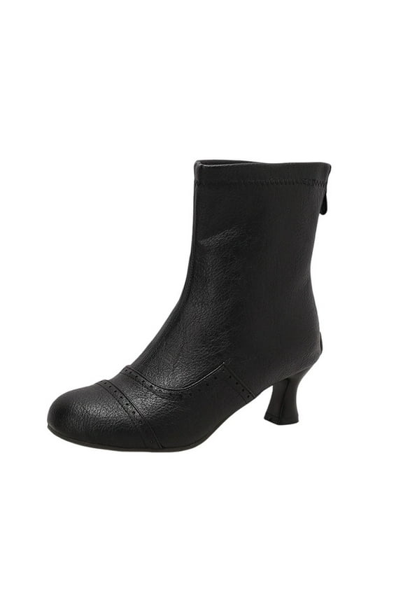 Boots for Women Mid Calf Chelsea Boots Side Zipper Round Toe Slip Resistant Mid Flare Heel Leather Fall Winter Fashion