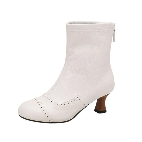 LOVZFMLL Boots for Women Mid Calf Chelsea Boots Side Zipper Round Toe Slip Resistant Mid Flare Heel Leather Fall Winter Fashion