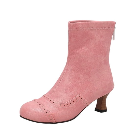 LOVZFMLL Boots for Women Mid Calf Chelsea Boots Side Zipper Round Toe Slip Resistant Mid Flare Heel Leather Fall Winter Fashion