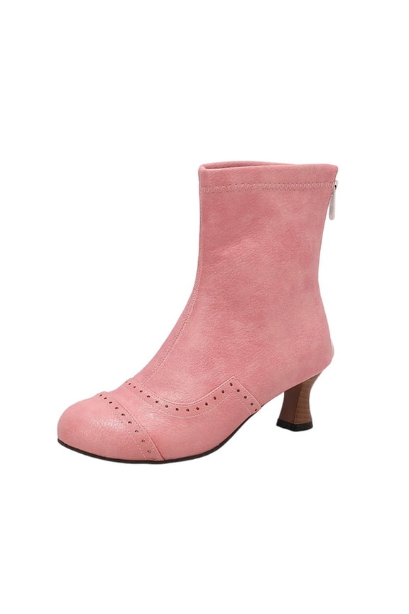 Boots for Women Mid Calf Chelsea Boots Side Zipper Round Toe Slip Resistant Mid Flare Heel Leather Fall Winter Fashion