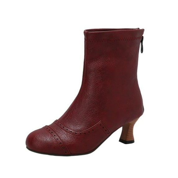 LOVZFMLL Boots for Women Mid Calf Chelsea Boots Side Zipper Round Toe Slip Resistant Mid Flare Heel Leather Fall Winter Fashion