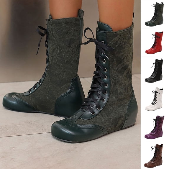 LOVZFMLL Boots for Women Mid Calf Tactical Boots Lace Up Round Toe Adjustable Straps Flat Heel Fashion Fall Winter Boots Shoes