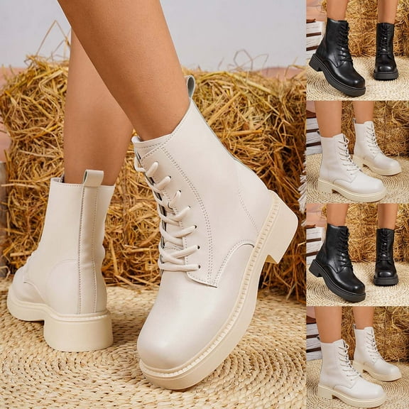 LOVZFMLL Boots for Women Mid Calf Military Boots Lace Up Round Toe Adjustable Straps Low Chunky Heel French Style Fall Winter