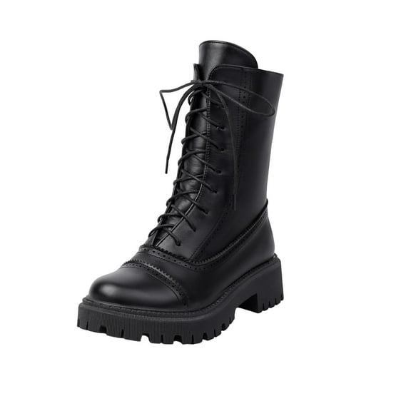 LOVZFMLL Boots for Women Mid Calf Combat Boots Lace Up Round Toe Adjustable Straps Low Chunky Heel Leather Fall Winter Casual